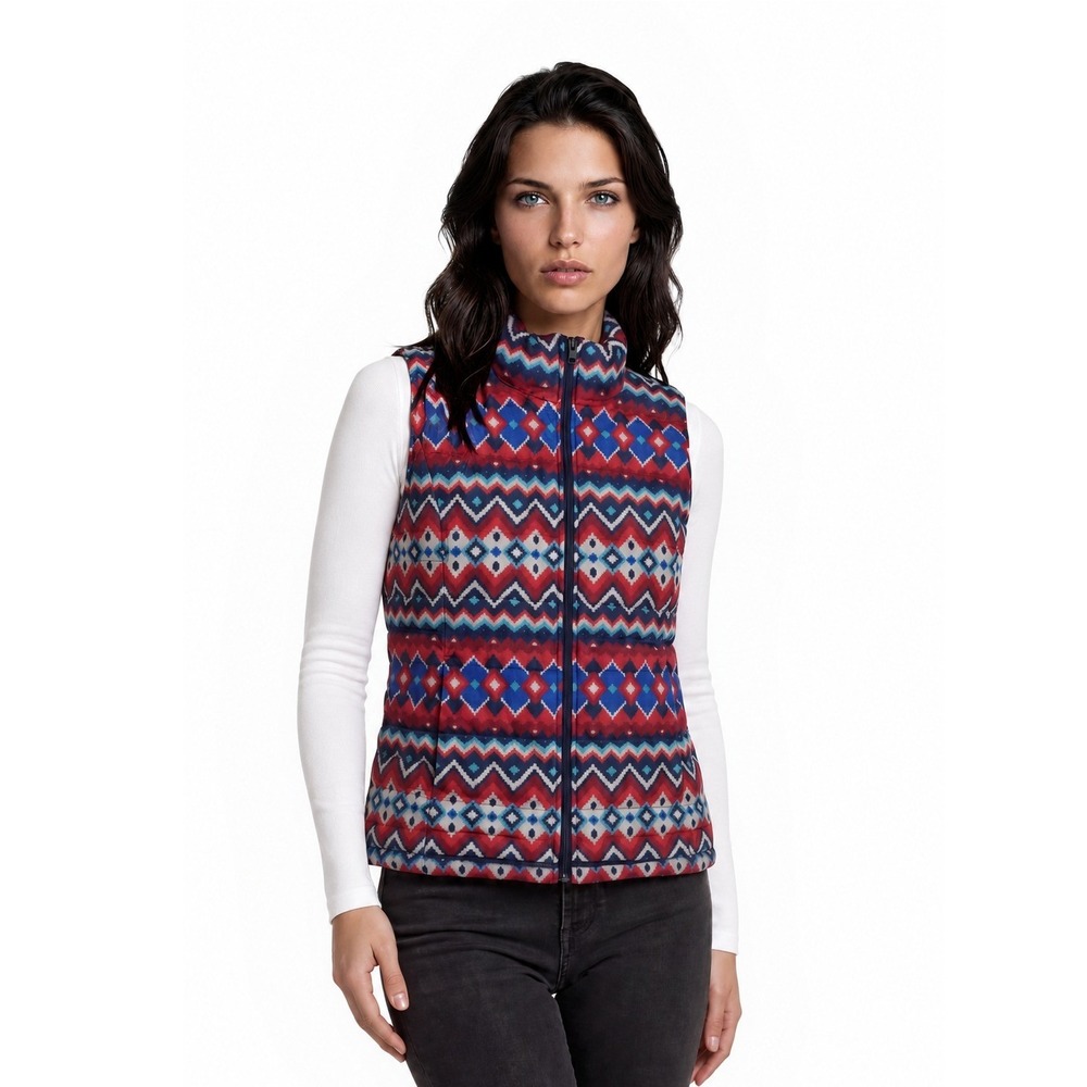 Lands End Down Fair Isle Puffer Vest Womens Size Large Red Blue Full Zip Quilted